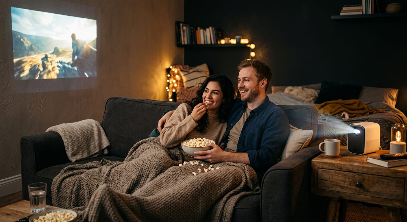 Pareja disfrutando el proyector